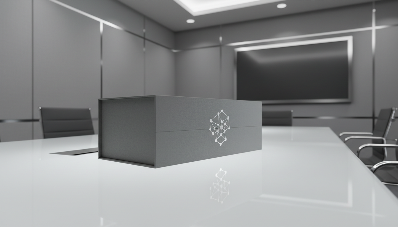 An immaculate analytics subscription box in premium textured paper—embossed with a geometric analytics logo—set on a luminous, frosted glass tabletop within a modern conference room. The room is defined by clear, minimal architecture and muted gray paneling, with sleek chrome accents in the background. Subtle overhead recessed lighting bathes the box in even, soft illumination, producing delicate reflections and crisp line shadows that accentuate its structure. The mood is sophisticated and anticipatory, suggesting high-value service. Photographed from a low, three-quarter angle with sharp focus foreground and gentle background blur, the style is clean, formal, and distinctly corporate, ideal for communicating trust and expertise in digital analytics solutions.
