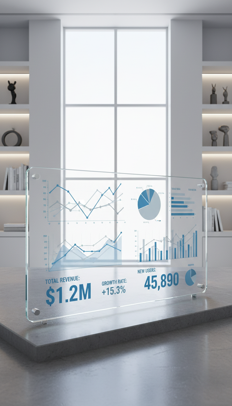 A pristine glass dashboard panel displaying layered, semi-transparent analytical charts, line graphs, and numerical widgets in crisp blue and gray tones. The panel is positioned on a matte stone surface inside a sleek, minimalist office with clean white walls and softly illuminated shelving. Gentle, diffused daylight from a large window above casts subtle highlights along the panel’s edges and creates soft reflections on the glass. The mood is calm and focused, emphasizing clarity and professionalism. Captured from a slightly elevated, eye-level angle with a sharp focus and a balanced, centered composition. The overall style is photographic realism with a structured, corporate aesthetic, embodying advanced web analytics in a modern business setting.