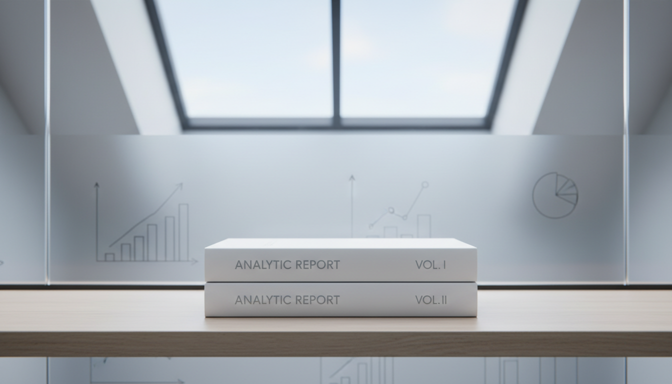 A professionally arranged workspace featuring a duo of stacked, bound analytic report books with matte white covers and debossed silver titles, neatly aligned on an orderly neutral wood shelf. The background shows a frosted glass divider and faint silhouettes of digital analytics motifs etched into the glass. Filtered daylight through a large skylight creates a gentle wash of light and softly defined shadows, highlighting the crisp edges and smooth surface textures of the books. The mood is studious and competent, with a structured, geometric layout. Shot at eye level, the photographic composition uses precise lines and symmetry to convey clarity and authority, reflecting the site’s emphasis on actionable, data-driven insights.