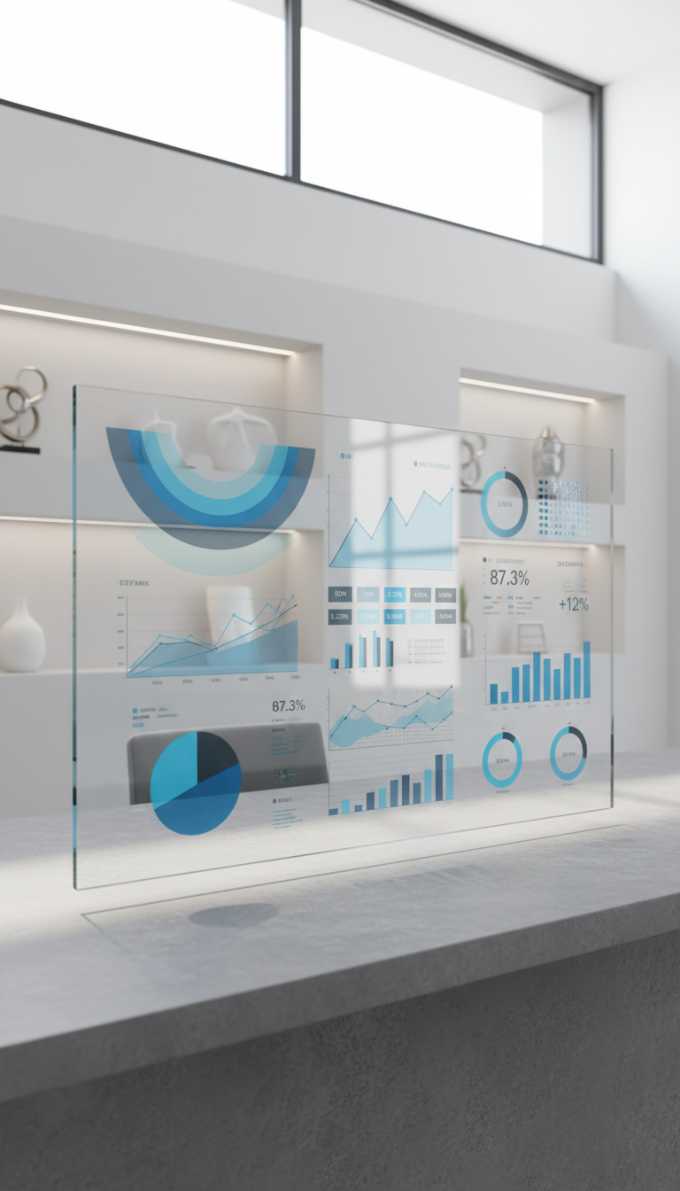 A pristine glass dashboard panel displaying layered, semi-transparent analytical charts, line graphs, and numerical widgets in crisp blue and gray tones. The panel is positioned on a matte stone surface inside a sleek, minimalist office with clean white walls and softly illuminated shelving. Gentle, diffused daylight from a large window above casts subtle highlights along the panel’s edges and creates soft reflections on the glass. The mood is calm and focused, emphasizing clarity and professionalism. Captured from a slightly elevated, eye-level angle with a sharp focus and a balanced, centered composition. The overall style is photographic realism with a structured, corporate aesthetic, embodying advanced web analytics in a modern business setting.