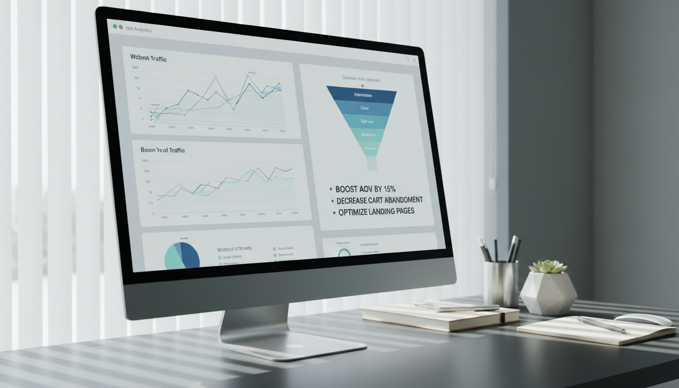 A high-resolution, large computer monitor with a thin, metallic bezel showcasing a detailed statistical web analytics dashboard. The dashboard displays interactive graphs, color-coded conversion funnels, and concise revenue optimization pointers in elegant, muted blues and grays. The monitor rests on a matte-finish desk beside meticulously arranged neutral stationery and a geometric ceramic planter. Soft, cool daylight filters in from the left through sheer blinds, highlighting the screen’s clarity and creating subtle shadow gradients across the workspace. The vibe is focused and dynamic yet uncluttered, captured with photographic realism from a slight side angle to emphasize depth. The composition utilizes balanced lines and negative space, perfectly aligned with a clean, corporate visual identity.